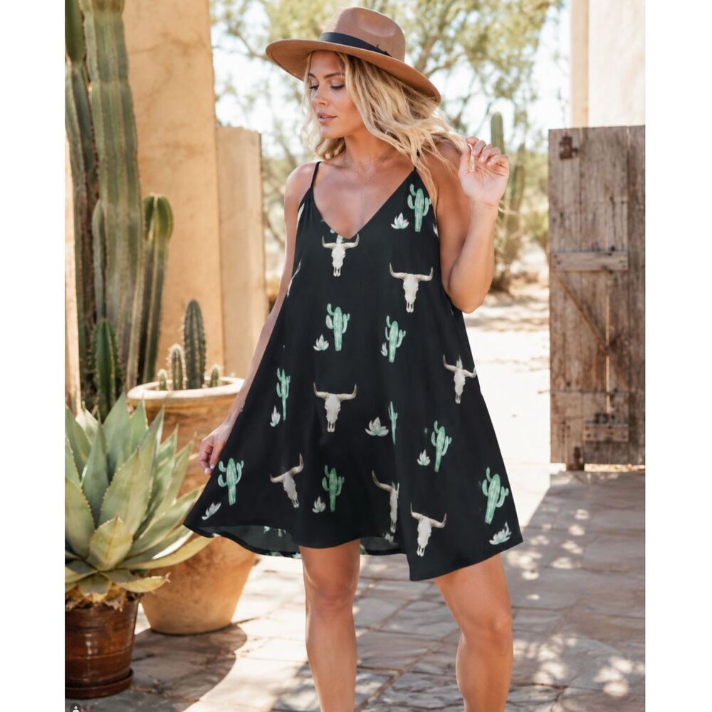 Peach Love California Skull Cactus Print Dress S